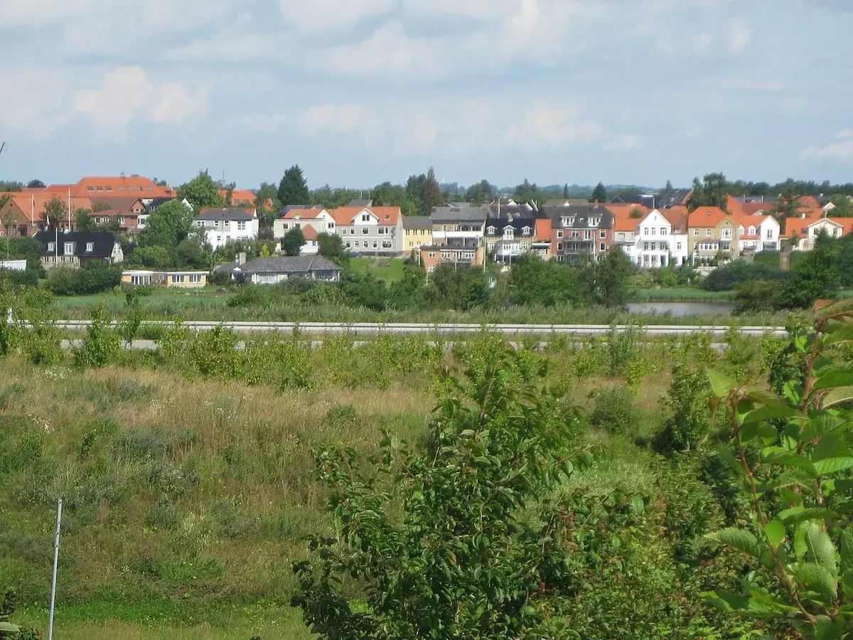 View of a small Danish town with houses and greenery near the coast.