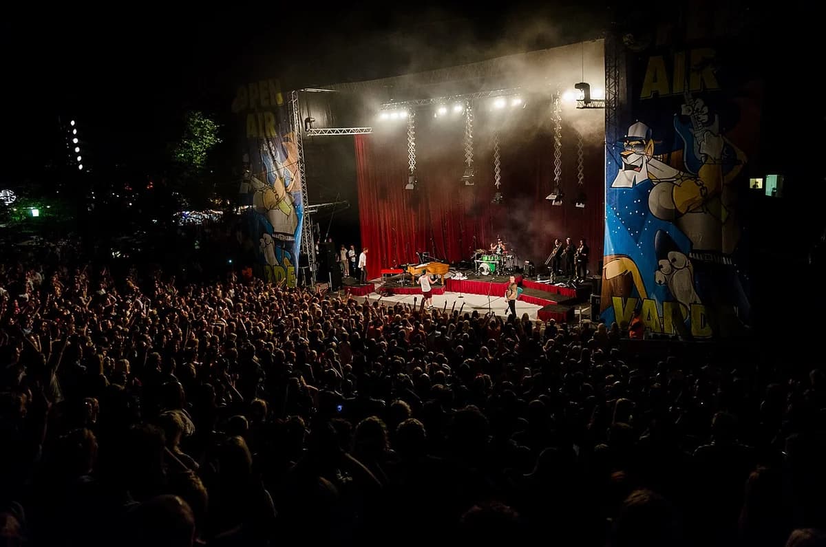 Crowd watching a live performance on an outdoor festival stage at night.