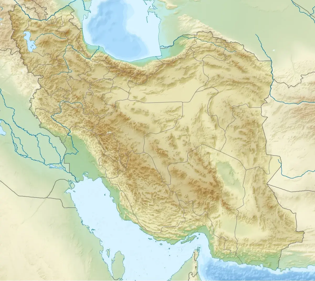 Relief map of Iran and surrounding countries.