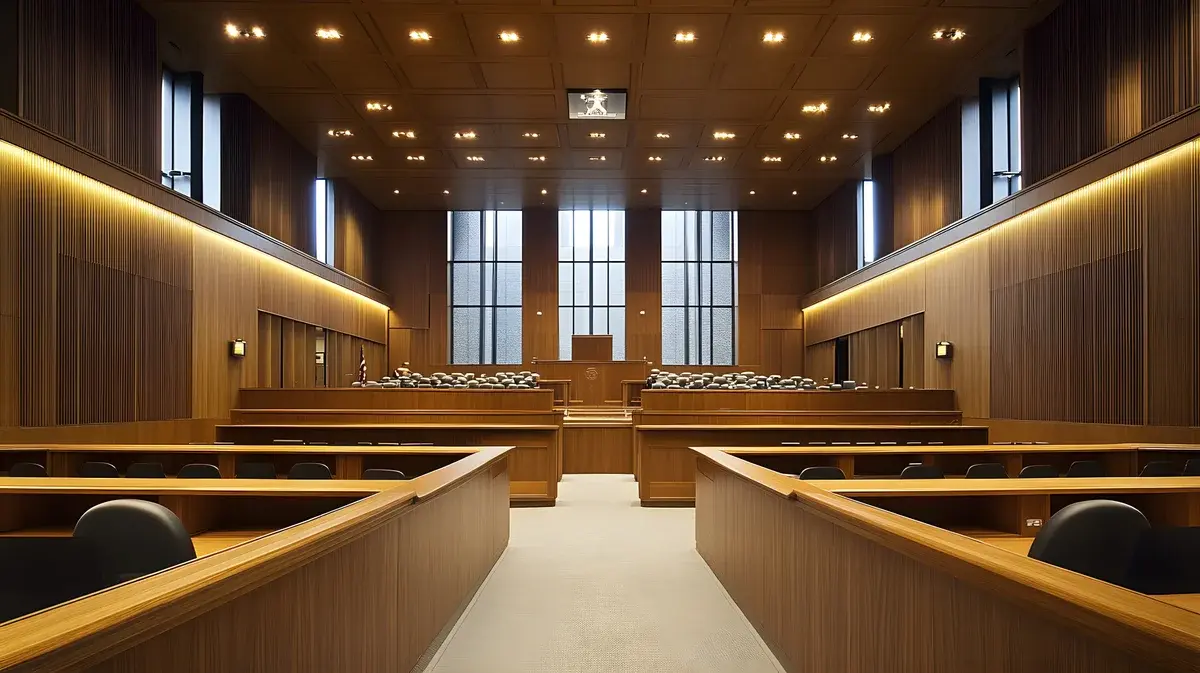 Modern courtroom interior with wood paneling and large windows.