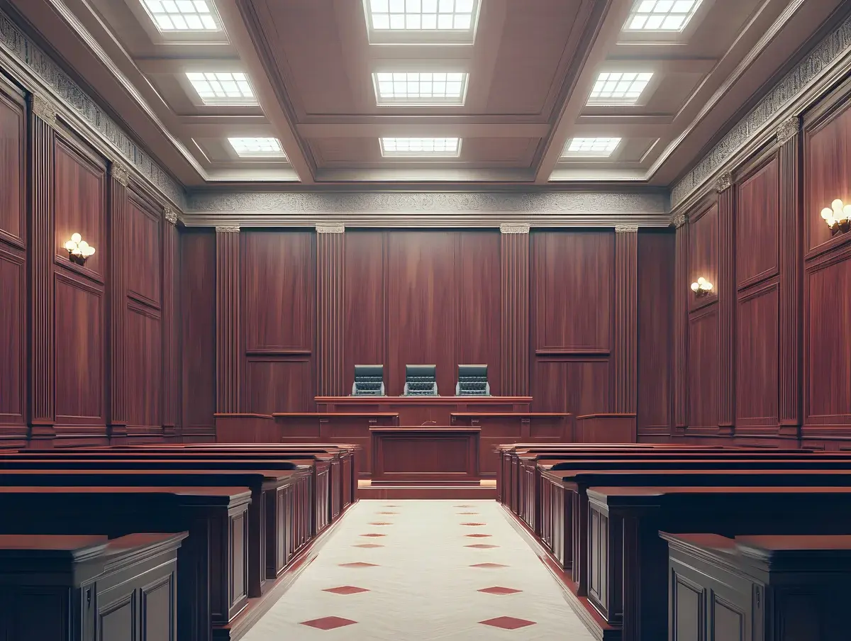 An empty wood-paneled courtroom with benches and a judge's bench.