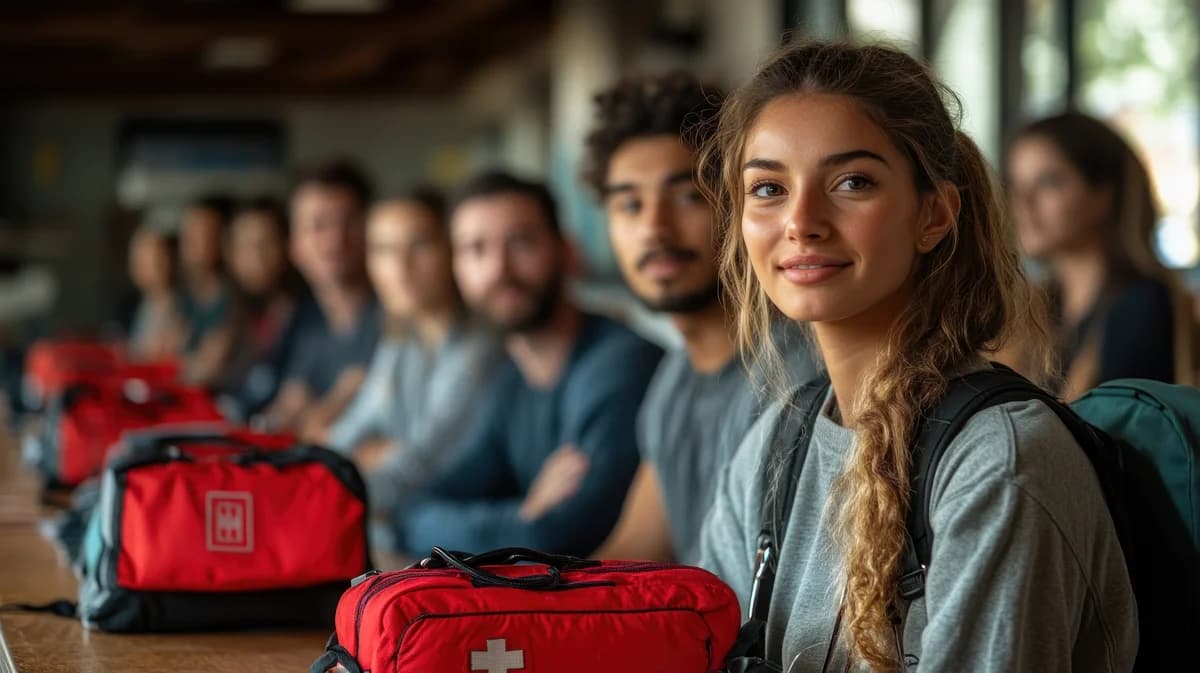 A group of people in a classroom with first aid bags.