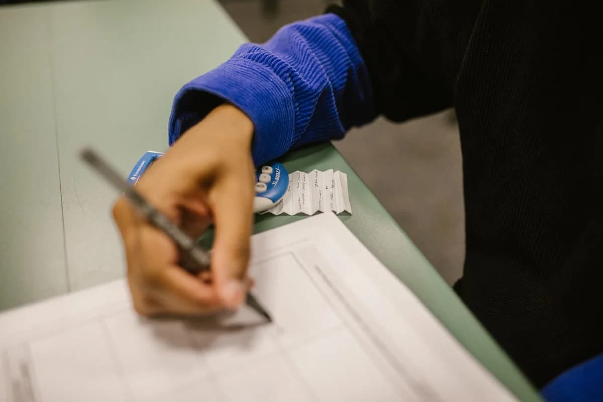 close-up of student writing on exam paper
