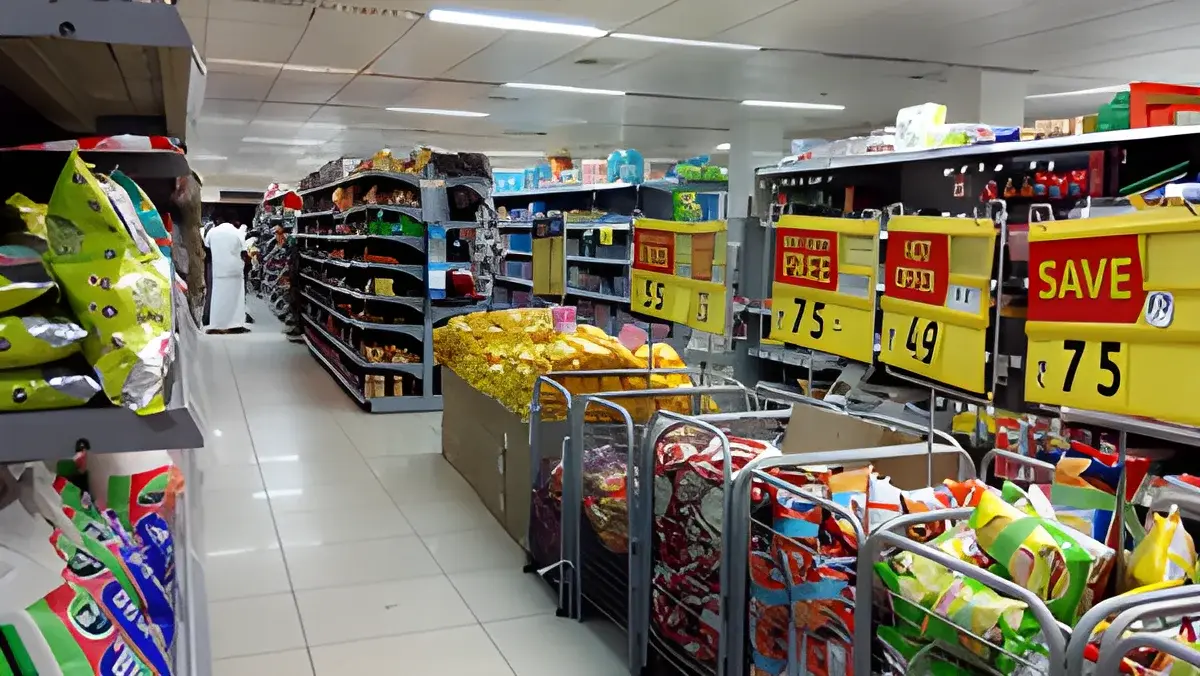 Supermarket aisle with grocery items and sale signs