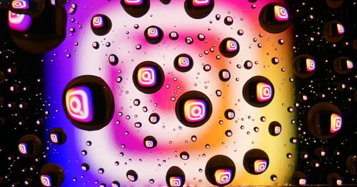 Abstract graphic with water droplets and Instagram logos on a colorful background.