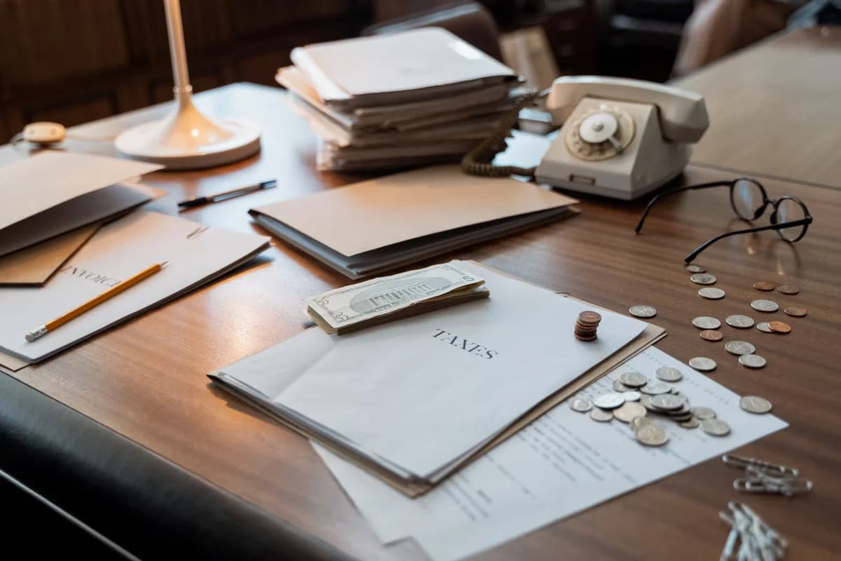 Office desk with tax papers, cash, coins, glasses, and a rotary phone.