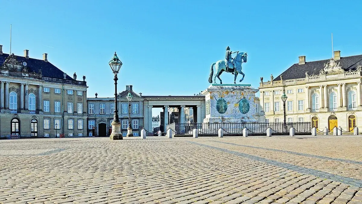 Amalienborg Palace square with the equestrian statue of King Frederik V in the center.