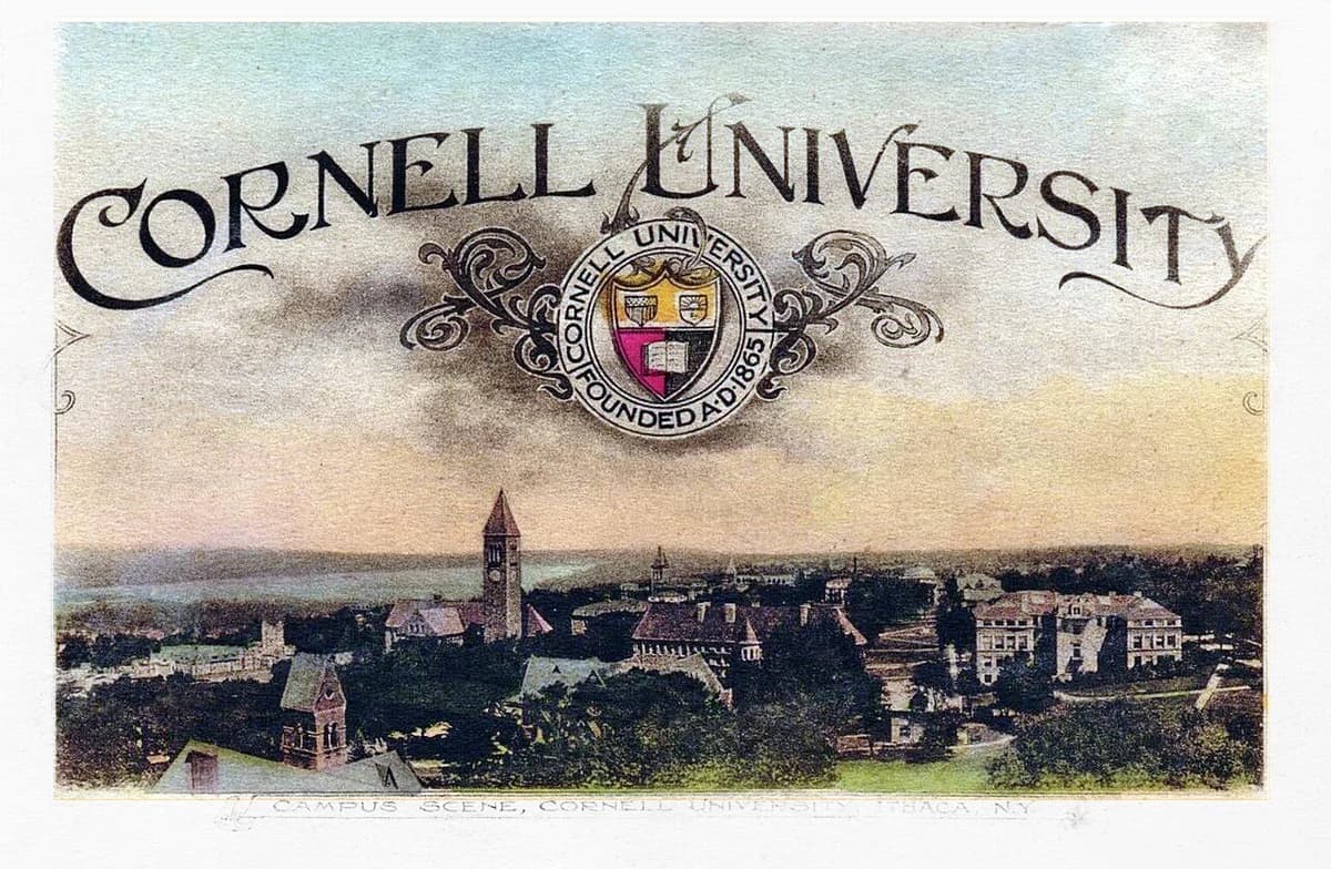 Colorized historical postcard of Cornell University campus in Ithaca, New York.