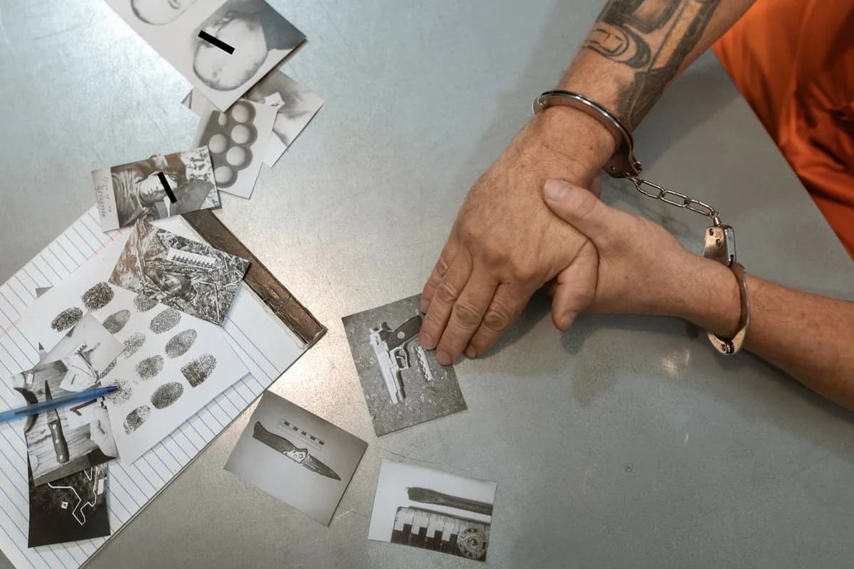 Handcuffed individual looking at evidence photos and documents on a table