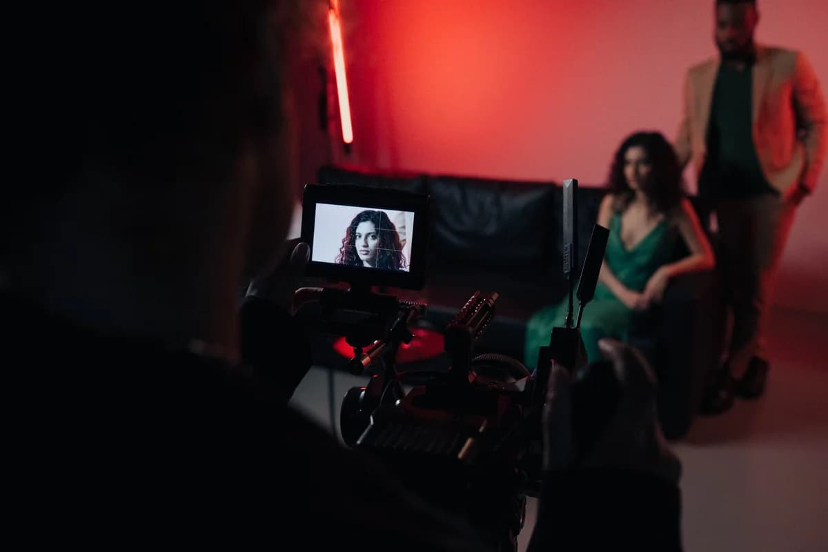 camera viewfinder showing actress during studio shoot