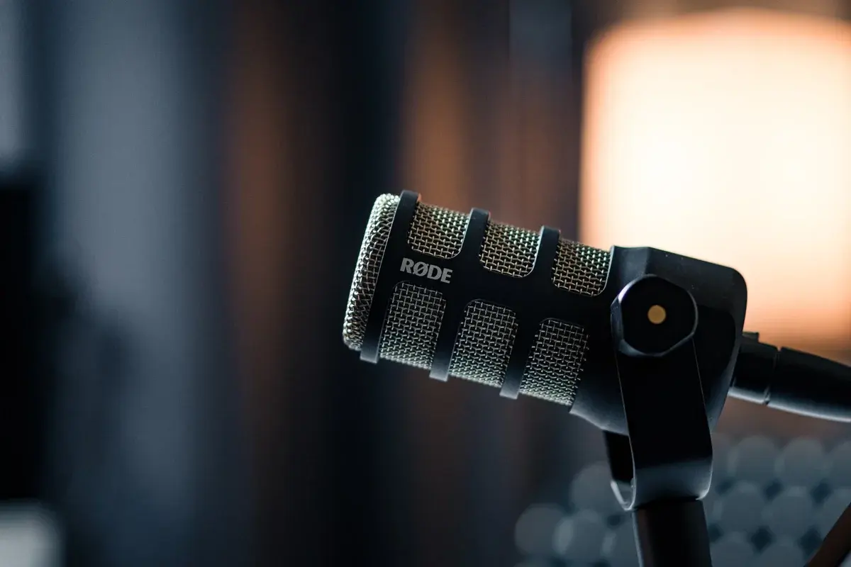 Close-up of a RØDE microphone in a studio