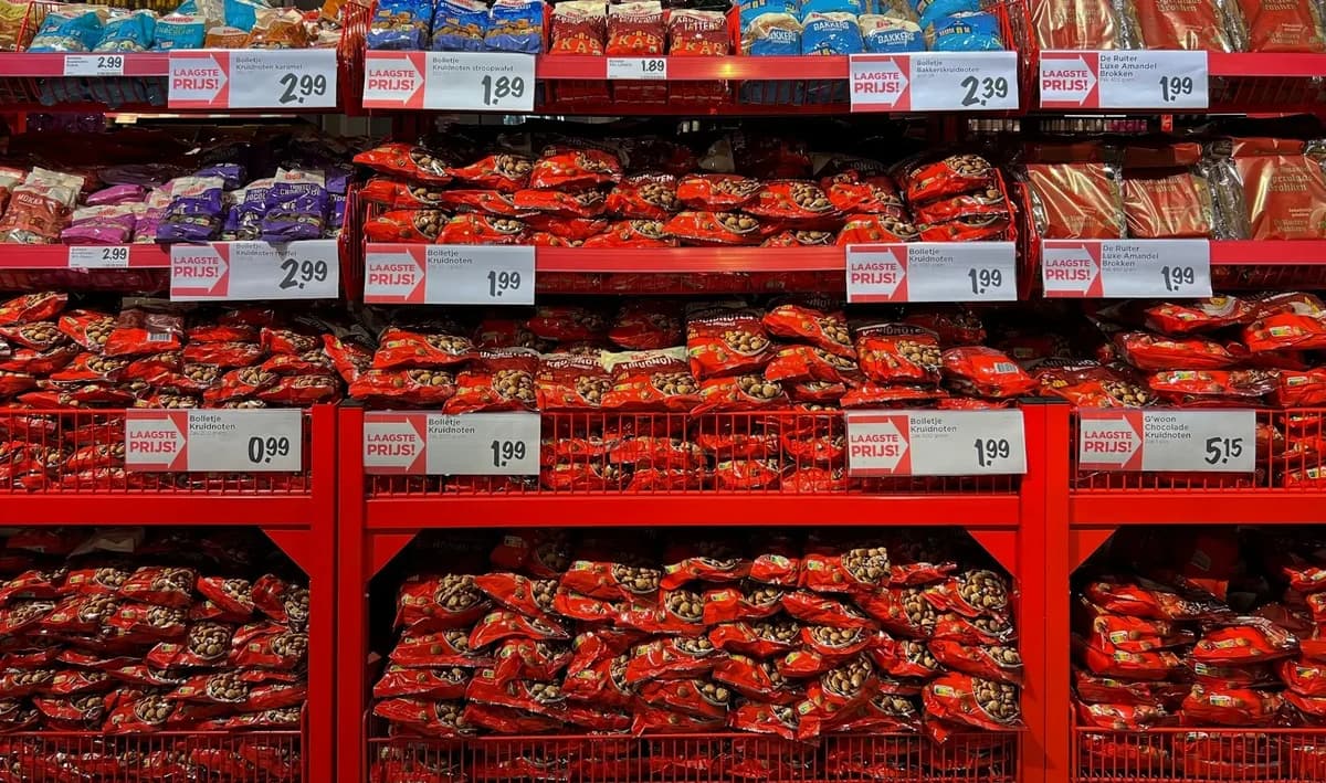 Supermarket candy bags display with price tags