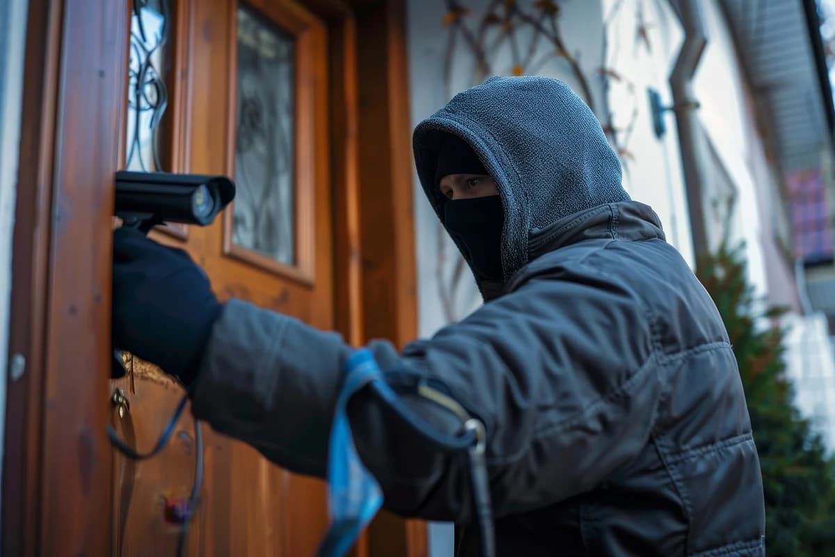 Masked person using a flashlight at a house door