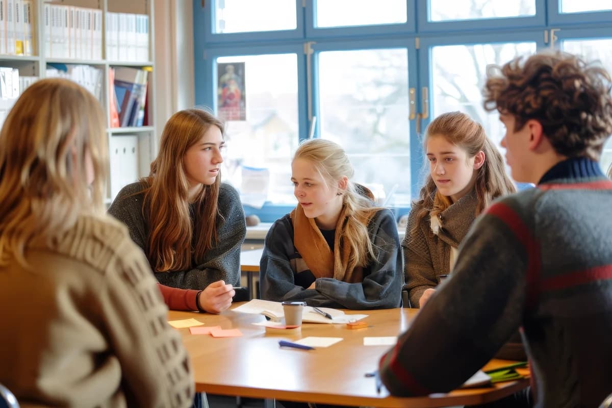 Students discussing around a table in a classroom.