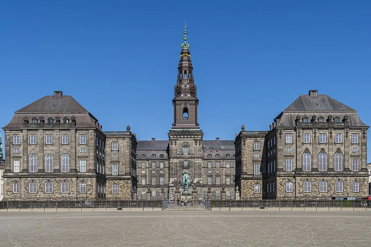 Front view of Christiansborg Palace under a clear blue sky.