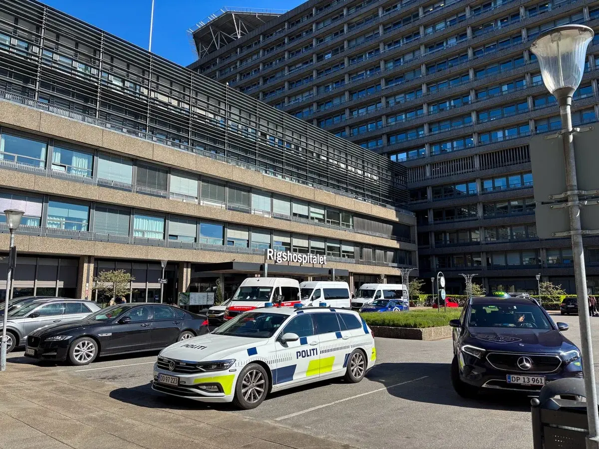 Danish police car parked outside Rigshospitalet hospital