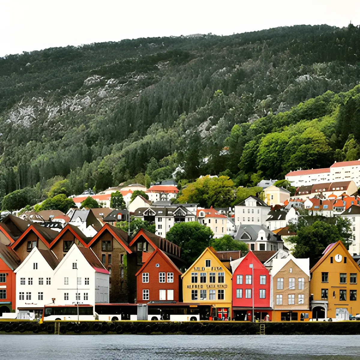 Colorful traditional wooden houses in Bergen by the waterfront with forested hill behind