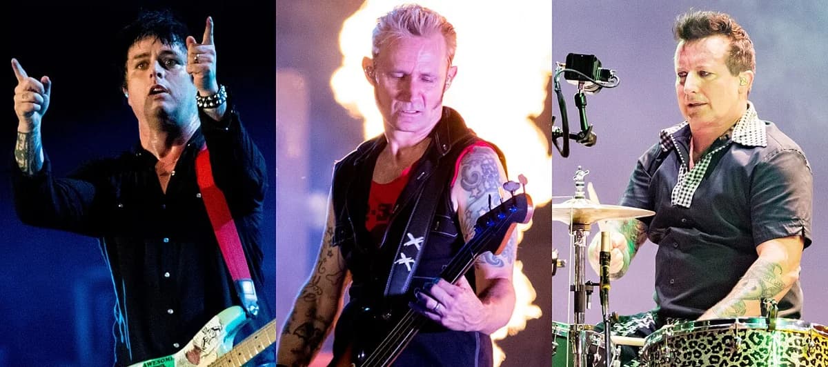 Three male musicians playing guitar, bass, and drums in a photo montage