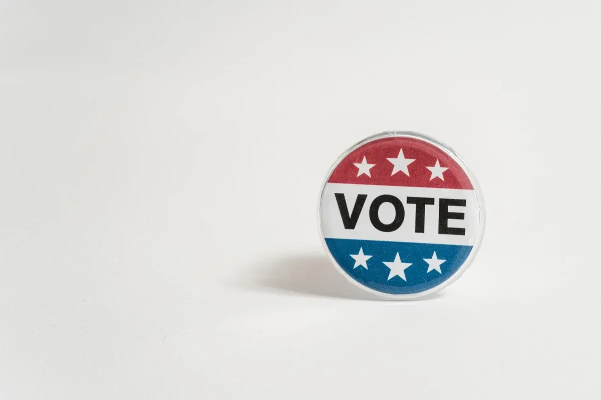 A red, white, and blue button that says VOTE with stars on a white background.