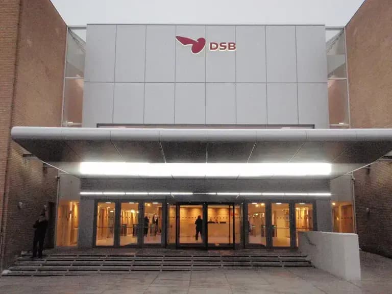 Entrance to DSB train station with illuminated canopy